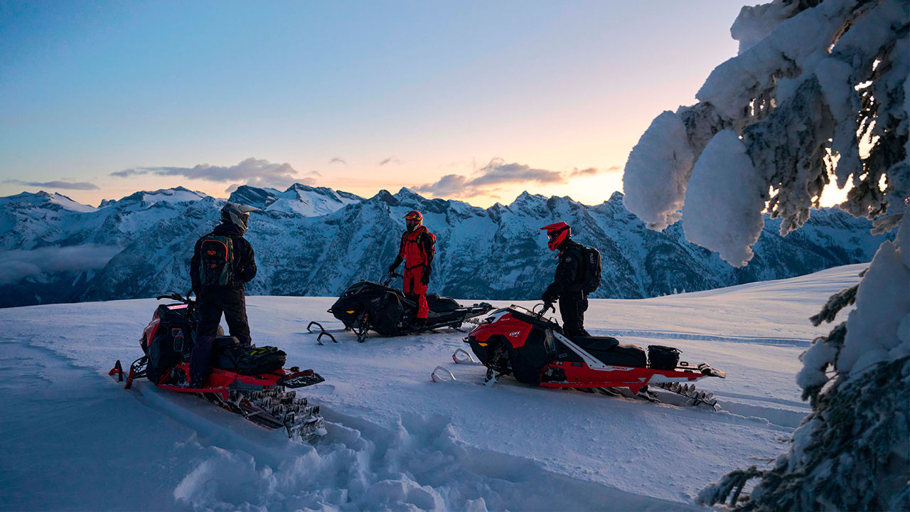 Three Lynx Shredder snowmobiles parked on the top of mountain at sunset