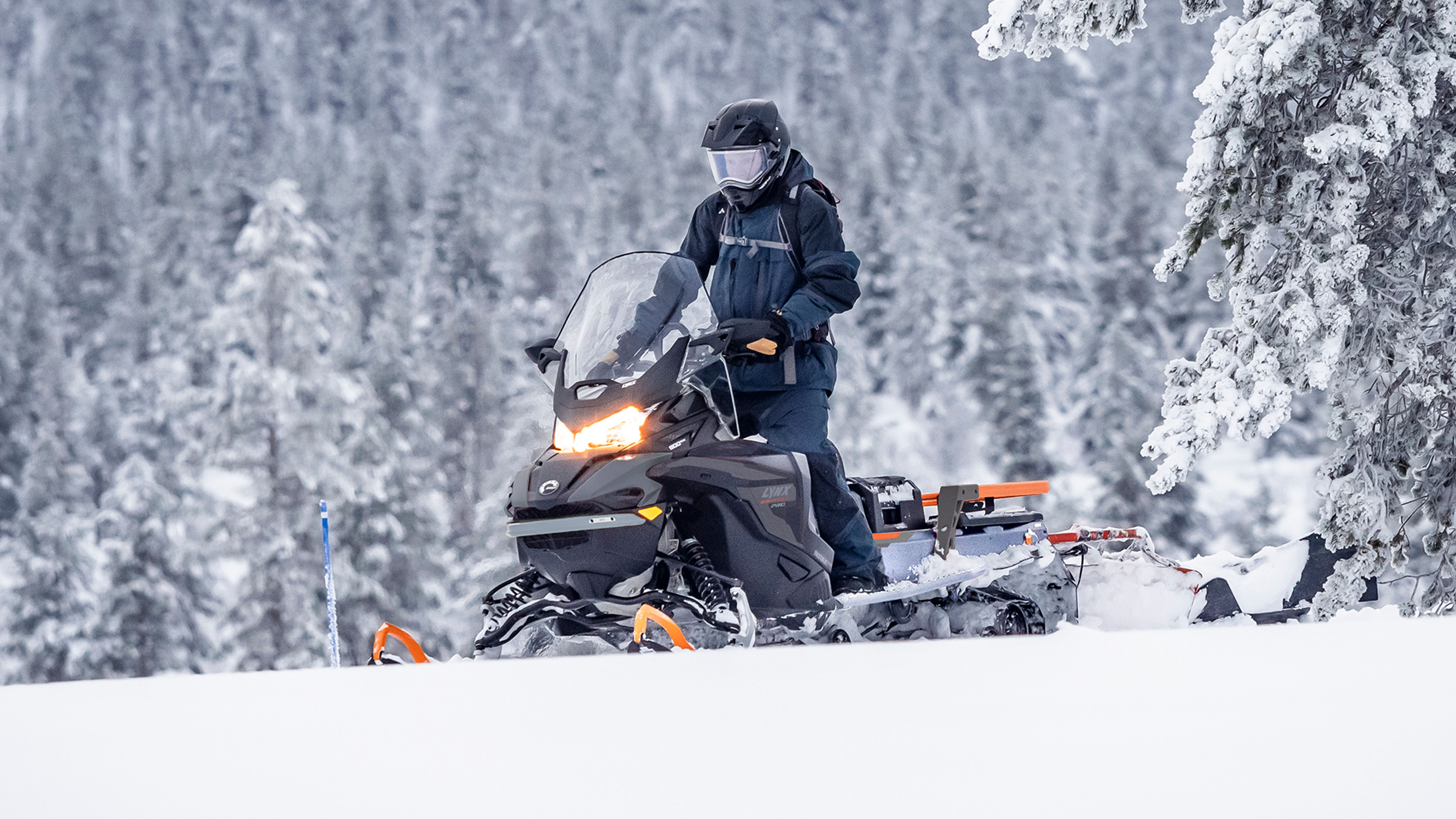 A man herding reindeers with Lynx 49 Ranger PRO snowmobile 