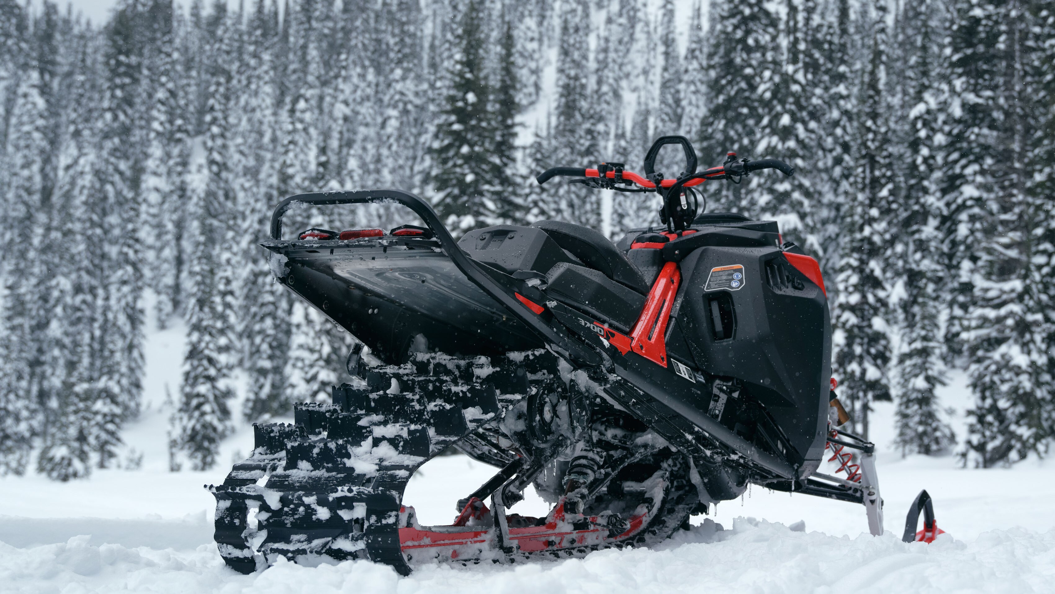 Lynx Shredder-snøscooter sett bakfra parkert i fjellene