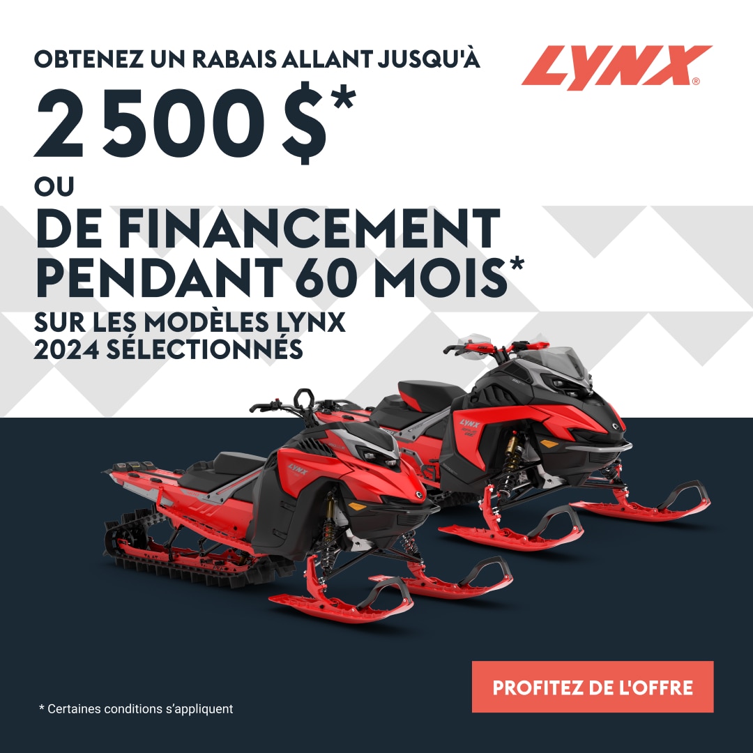 Obtenez jusqu'à 2 500 $ de réduction ou de 0% financement pendant 60 mois sur les modeles Lynx 2024 selectionnes
