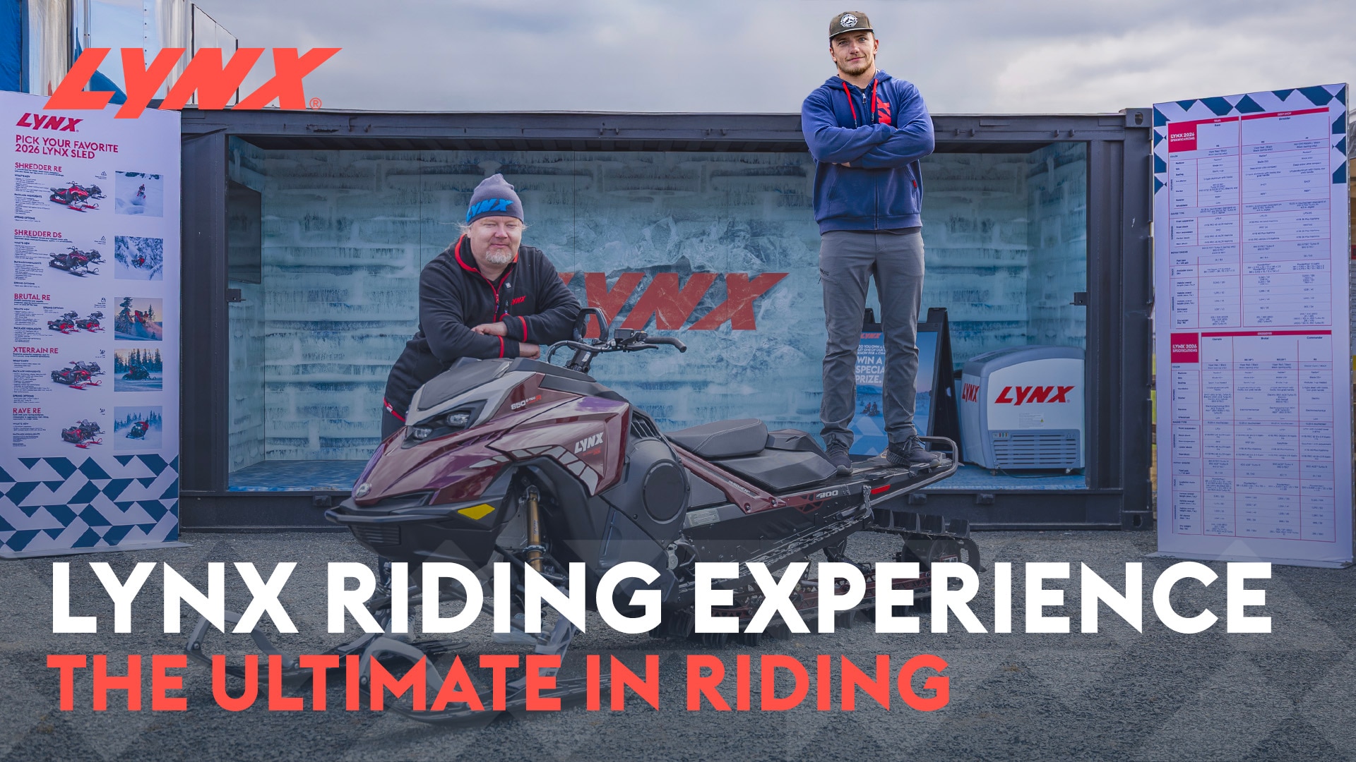 Two winter enthusiasts with a new Lynx snowmobile