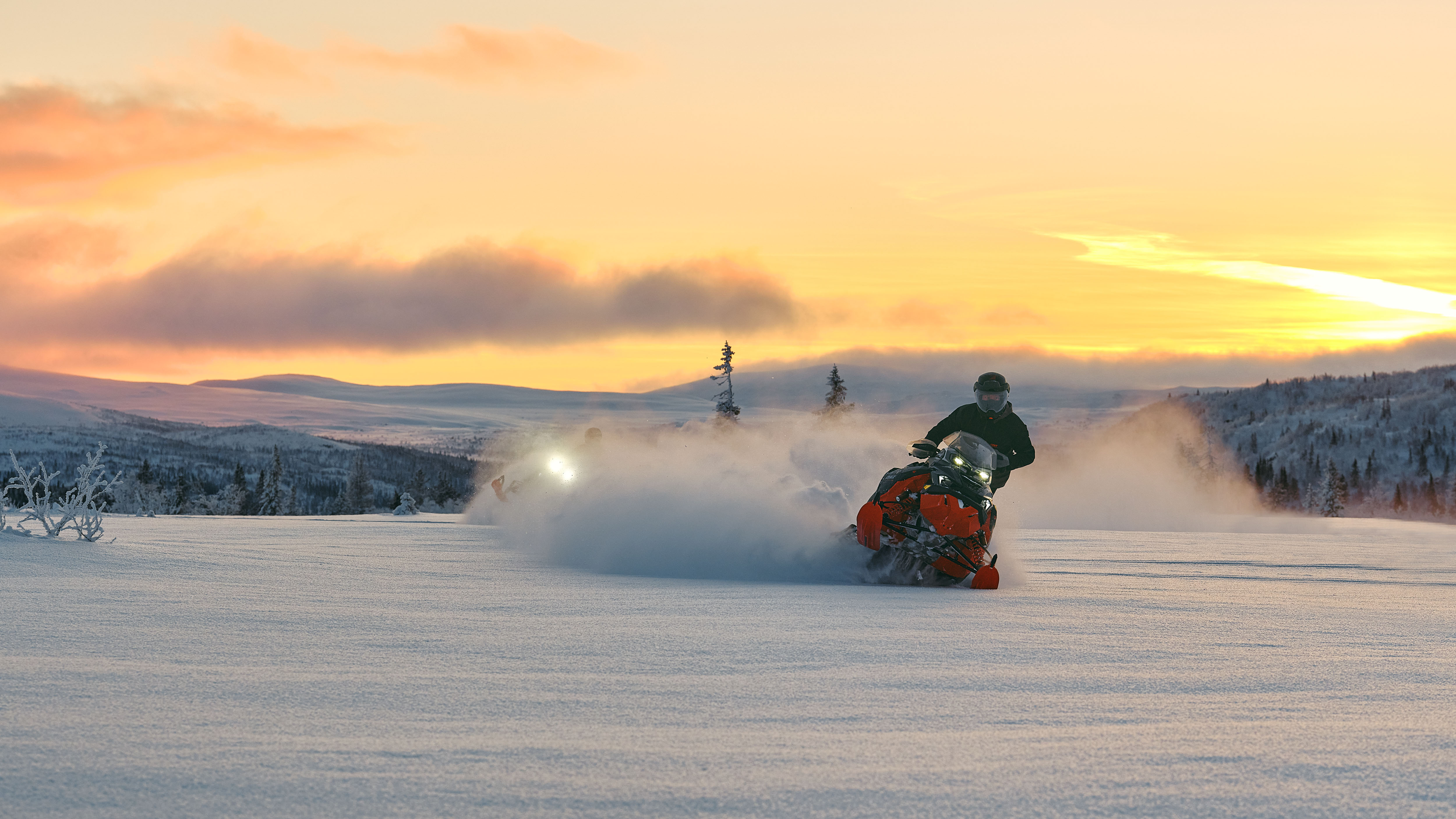 Two Lynx snowmobiles riding in a snowy forest