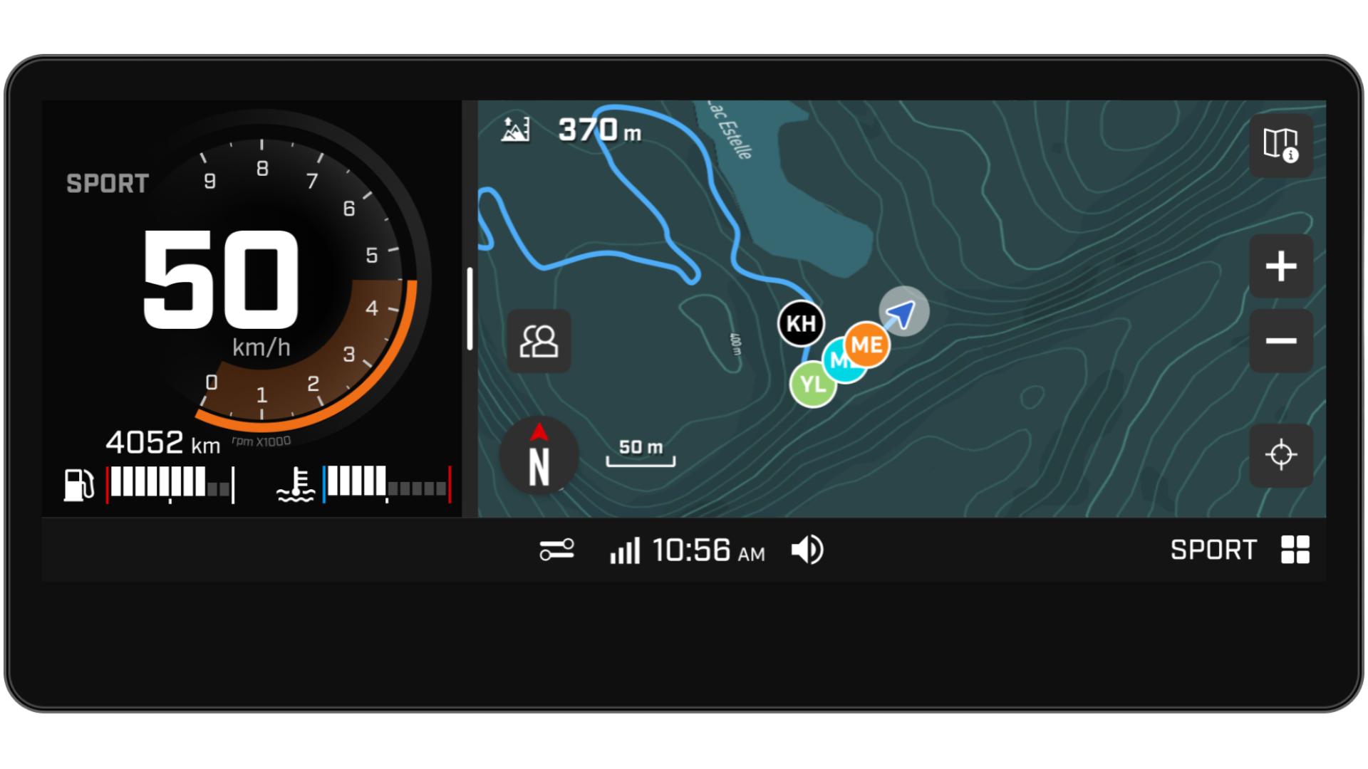 Ski-Doo integrated GPS 10.25-inch touchscreen displaying a map.