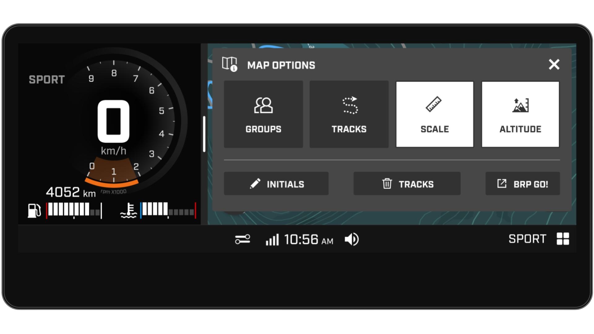 Ski-Doo built-in GPS map options displayed on the 10.25-inch touchscreen.