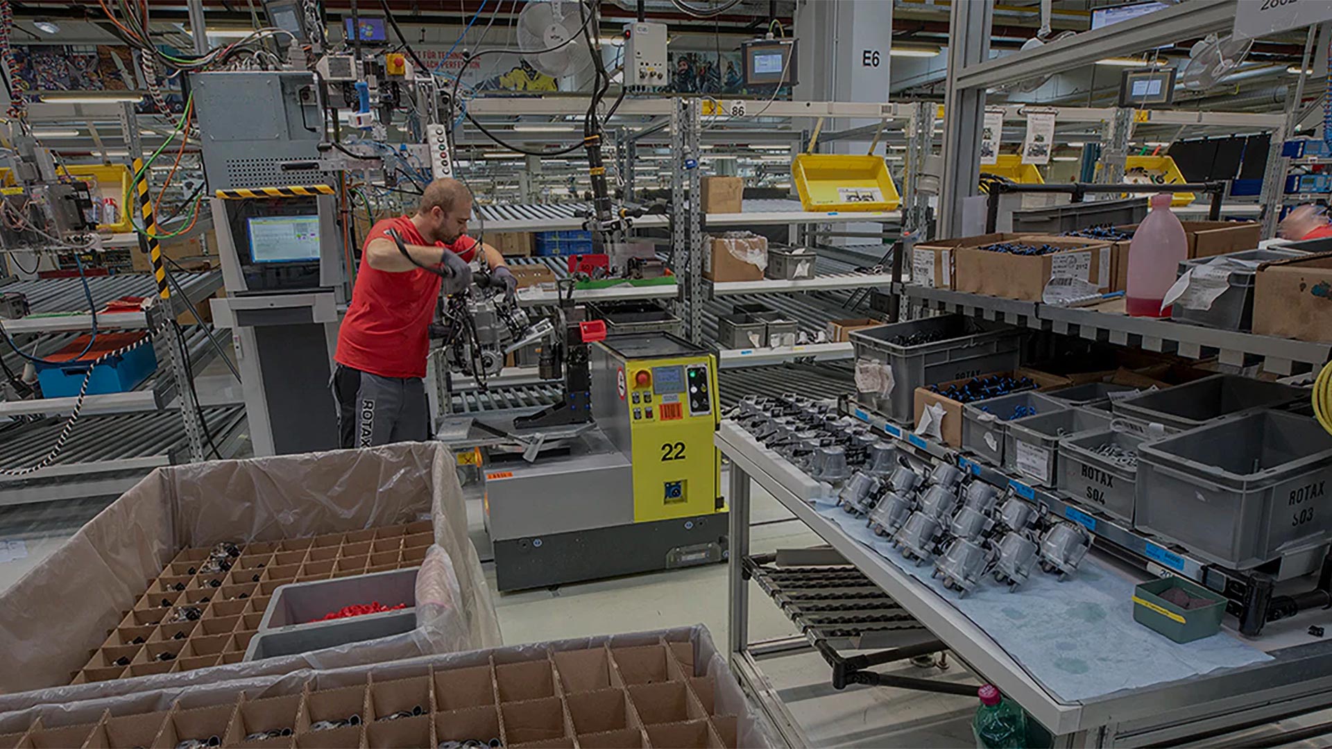 Rotax engine assembly in Lynx snowmobile factory