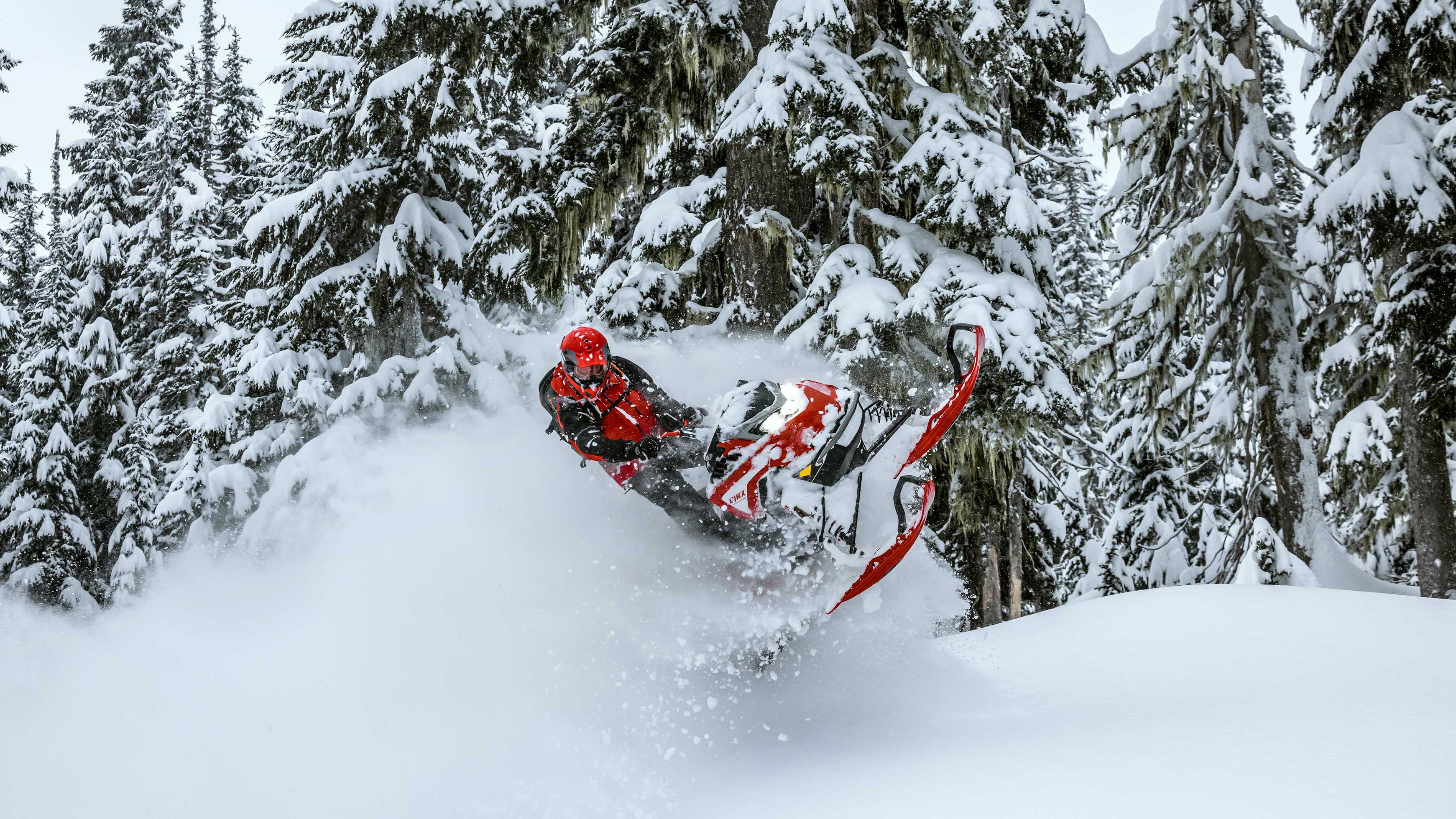 Man well equiped on a red Shredder in a snowy forest