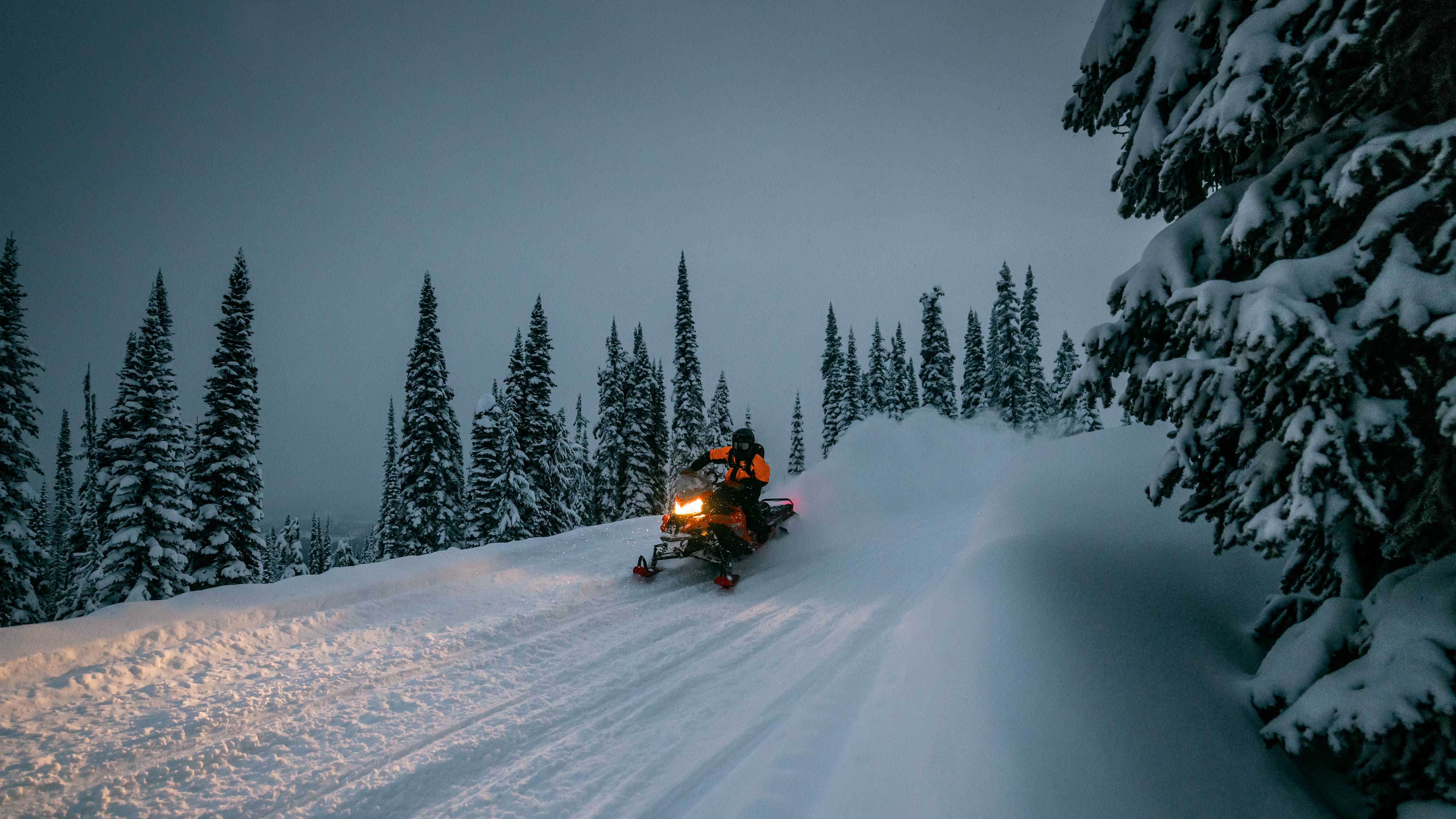 Rider enjoying a nightly drive on their Lynx snowmobile