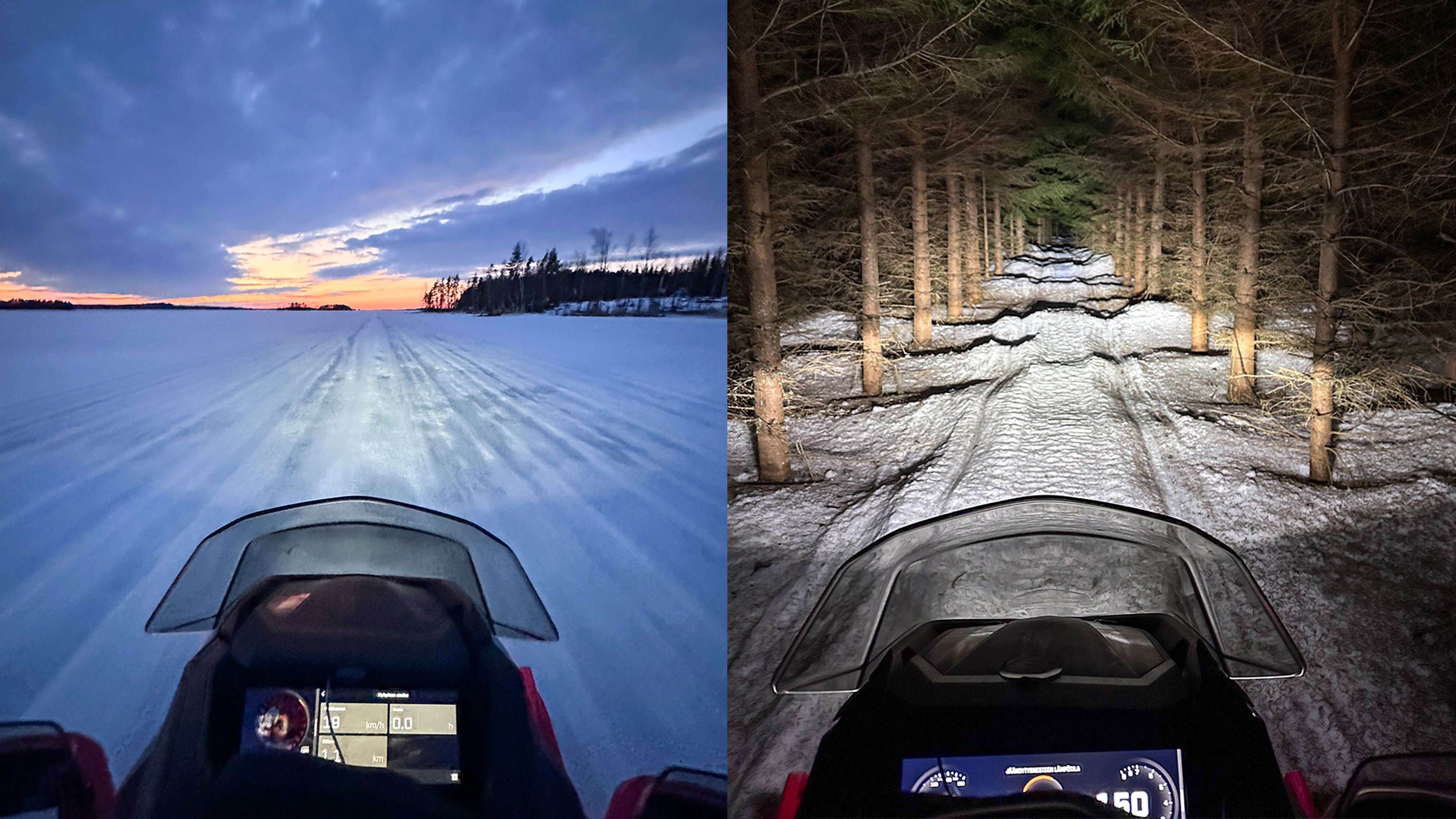 A snowmobile riding on a lake and on a bumpy trail from a cockpit view