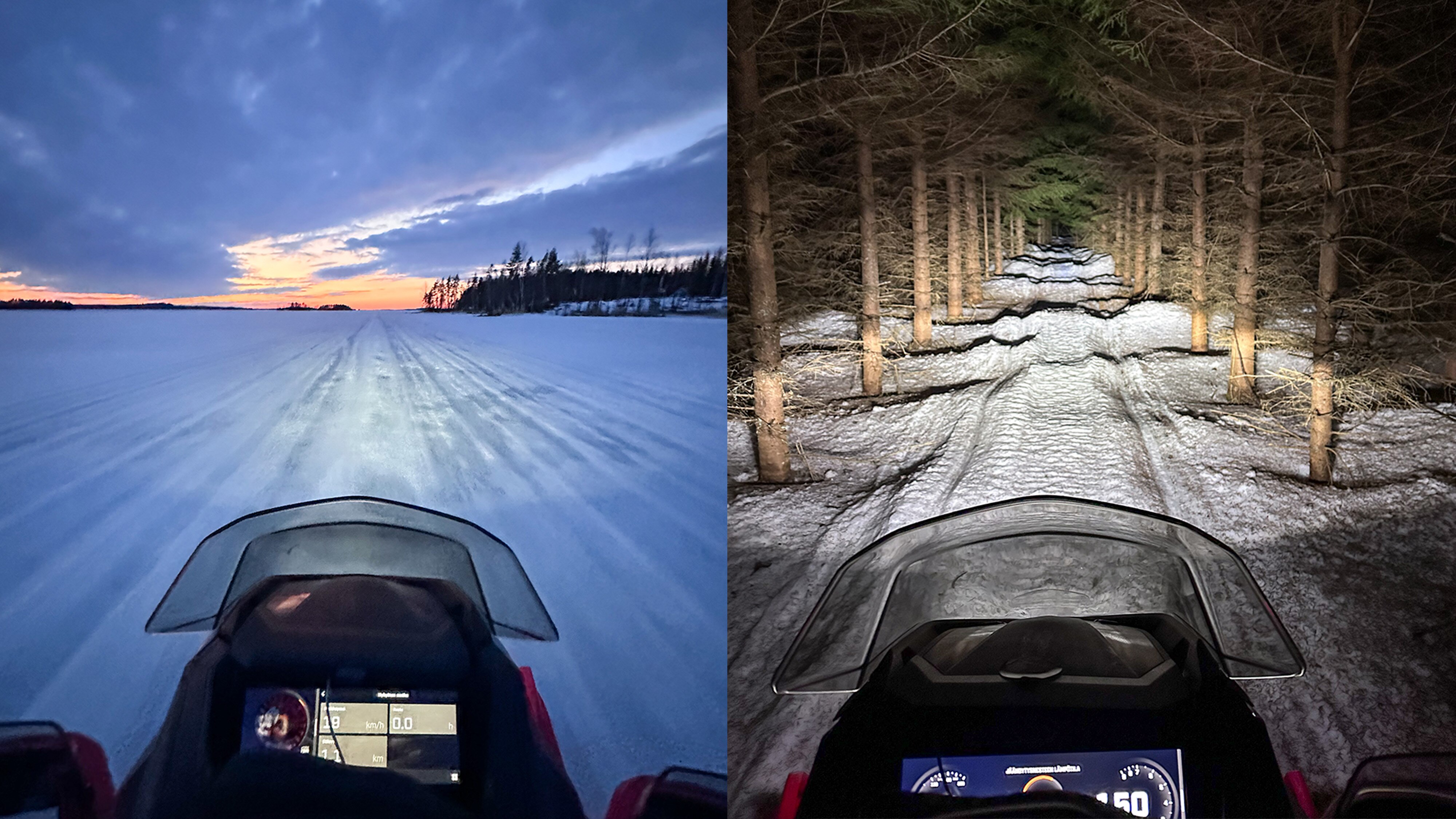 Moottorikelkka ajamassa järvenjäällä ja patikkoisella reitillä ohjaamonäkymästä