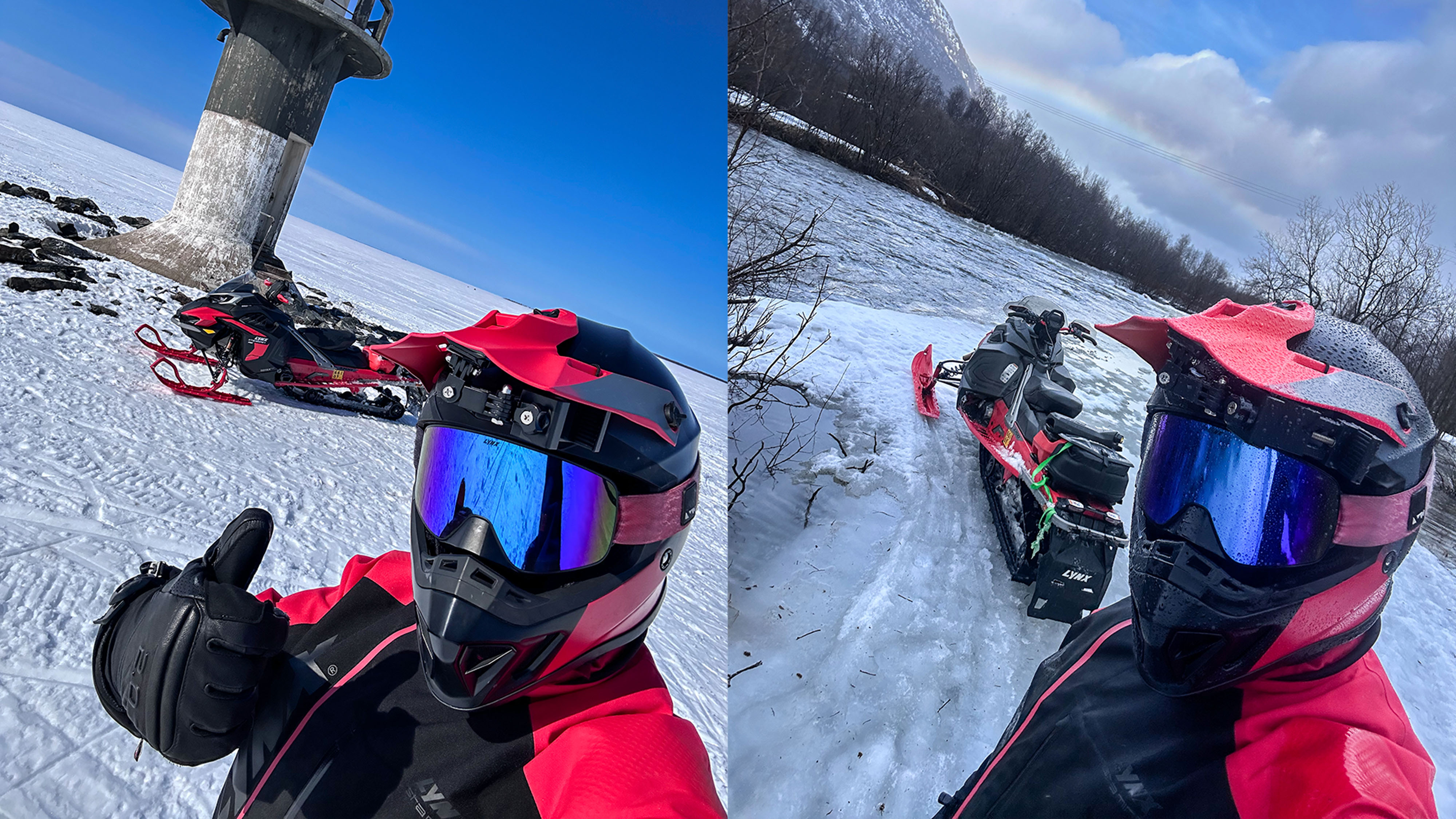 A man posing with Lynx Xterrain RE 850 E-TEC crossover snowmobile next to lighthouse and rapids