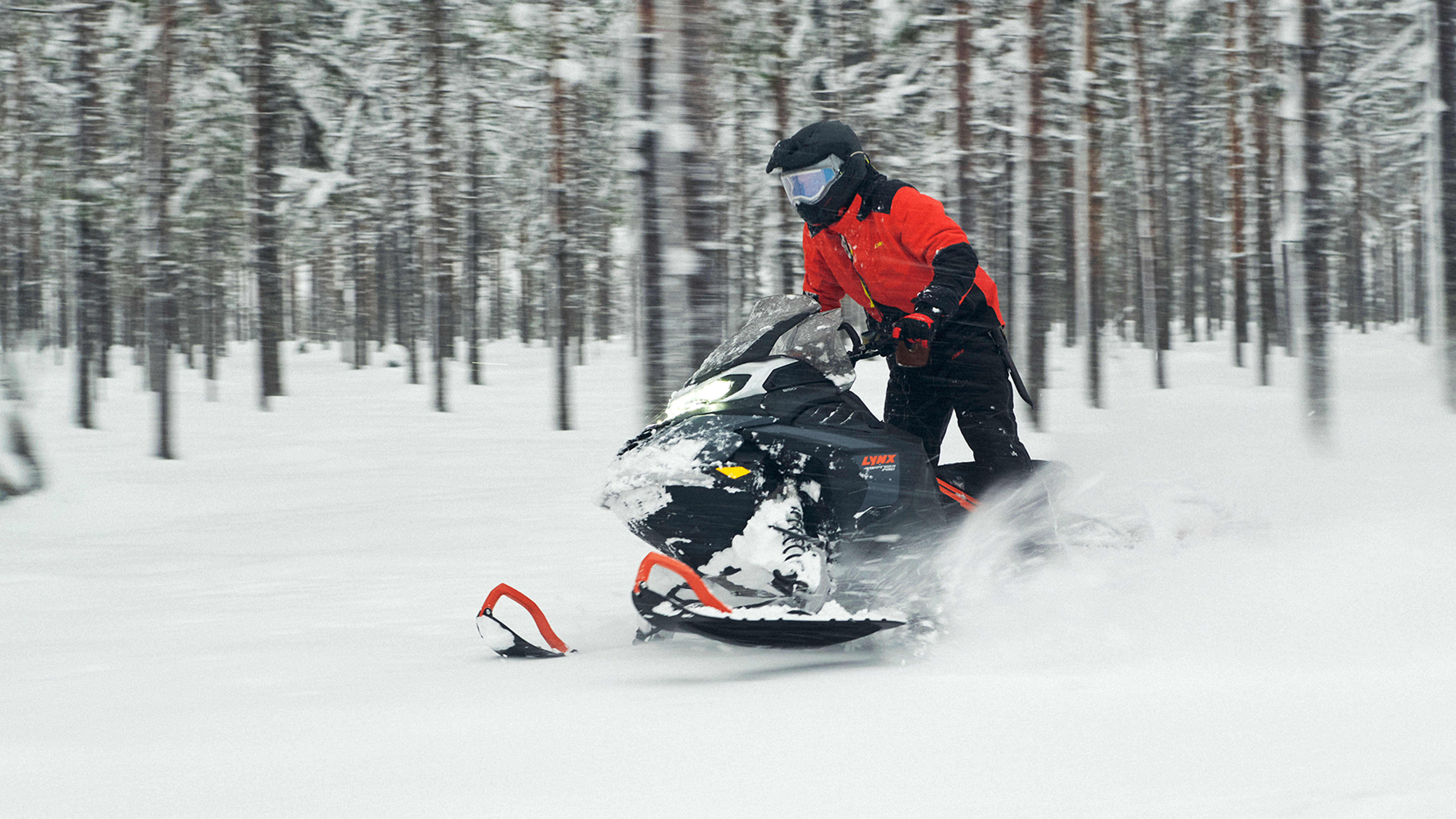 Lynx 49 Ranger PRO -moottorikelkka ajamassa lumisessa metsässä