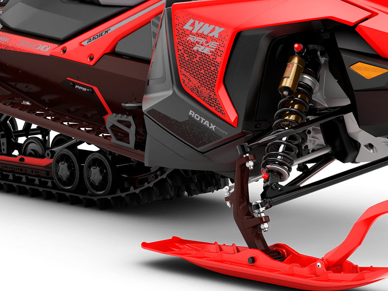 Closeup of LFS+ front suspension on Lynx Rave RE snowmobile