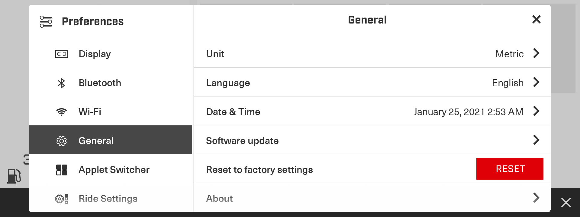 Accessing the general preferences on the 10,25'' touchscreen display