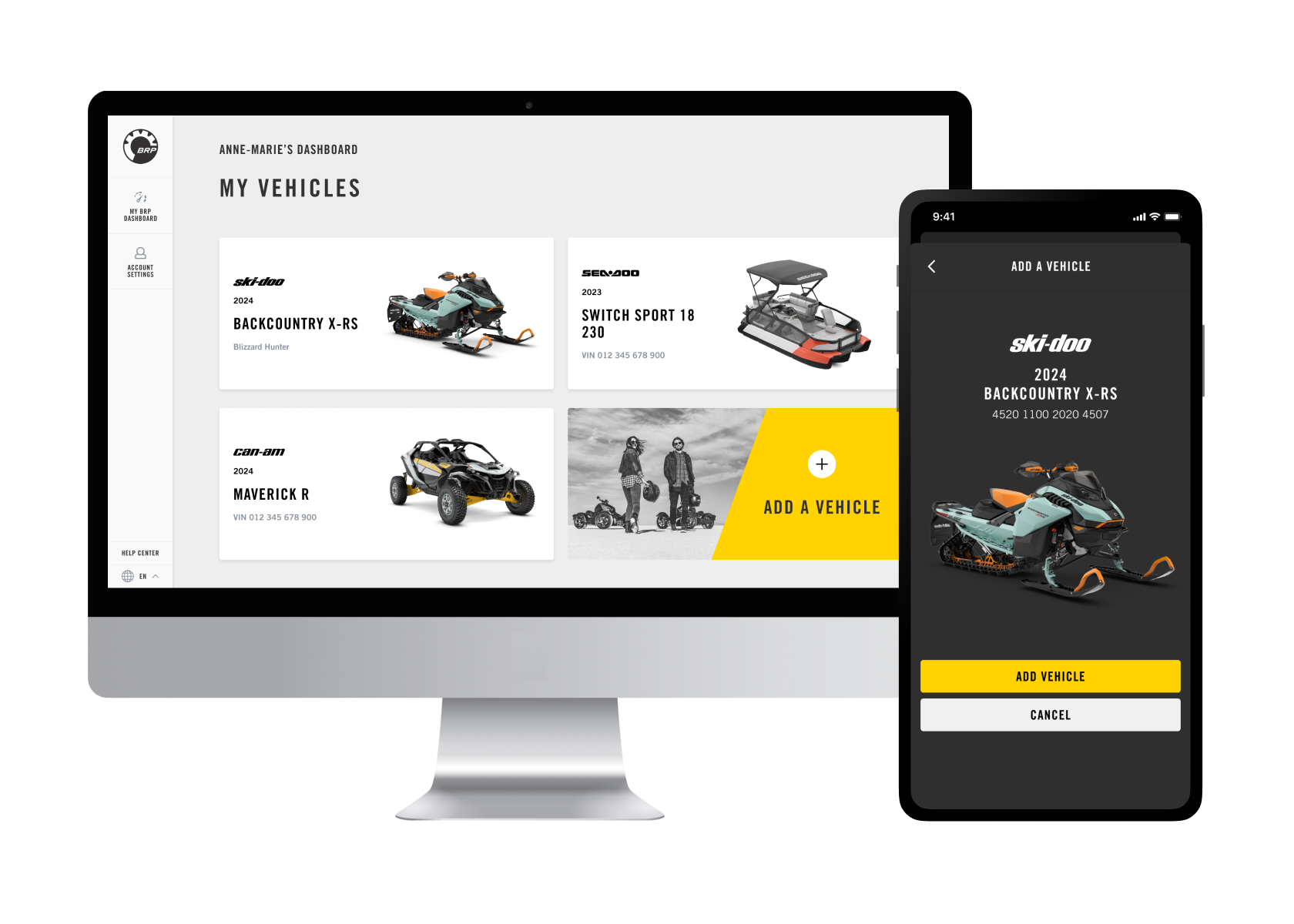 MyBRP-keskuksen työpöytä- ja mobiilinäkymä BRP-ajoneuvojen hallintaan
